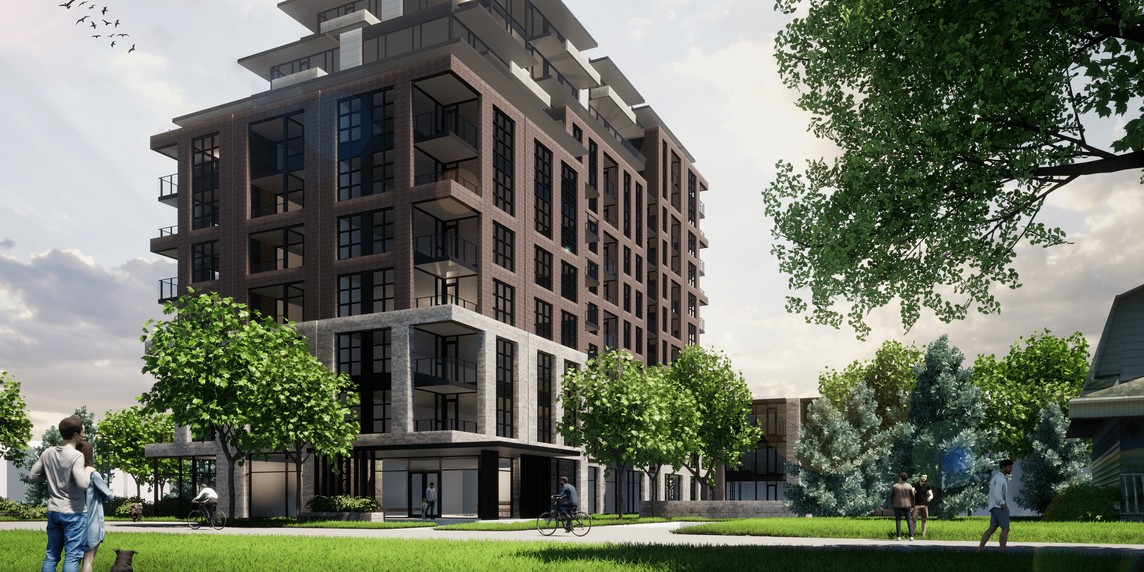 Modern apartment building with greenery and people in a park-like setting
