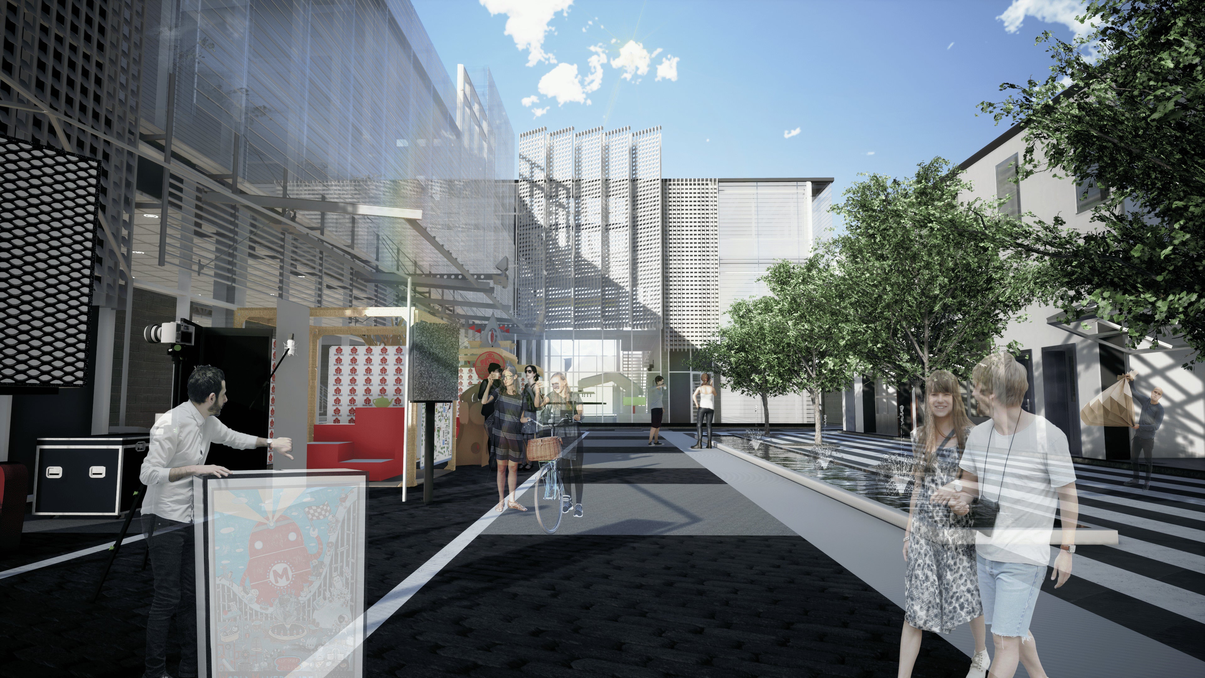 Modern architectural design with people walking and interacting in an urban setting