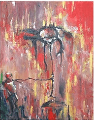 Abstract painting with a central figure and red background