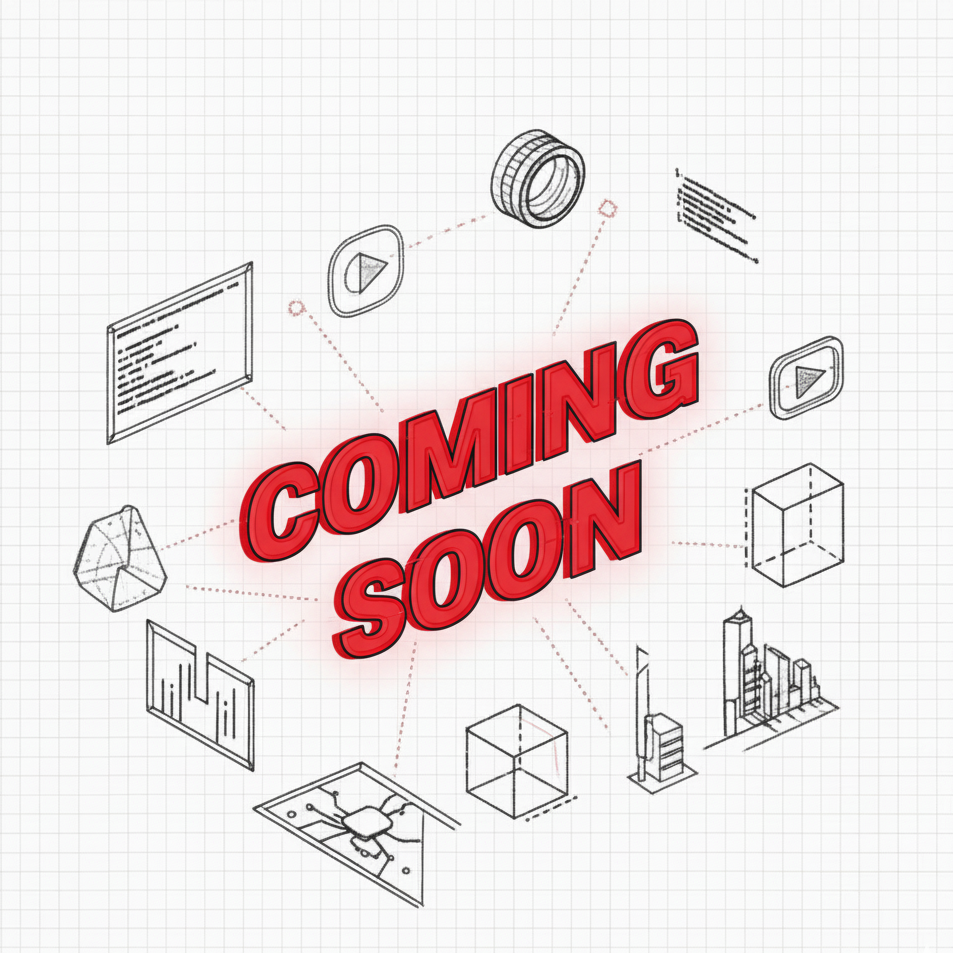 Red 'COMING SOON' text on a white background with black line art icons.