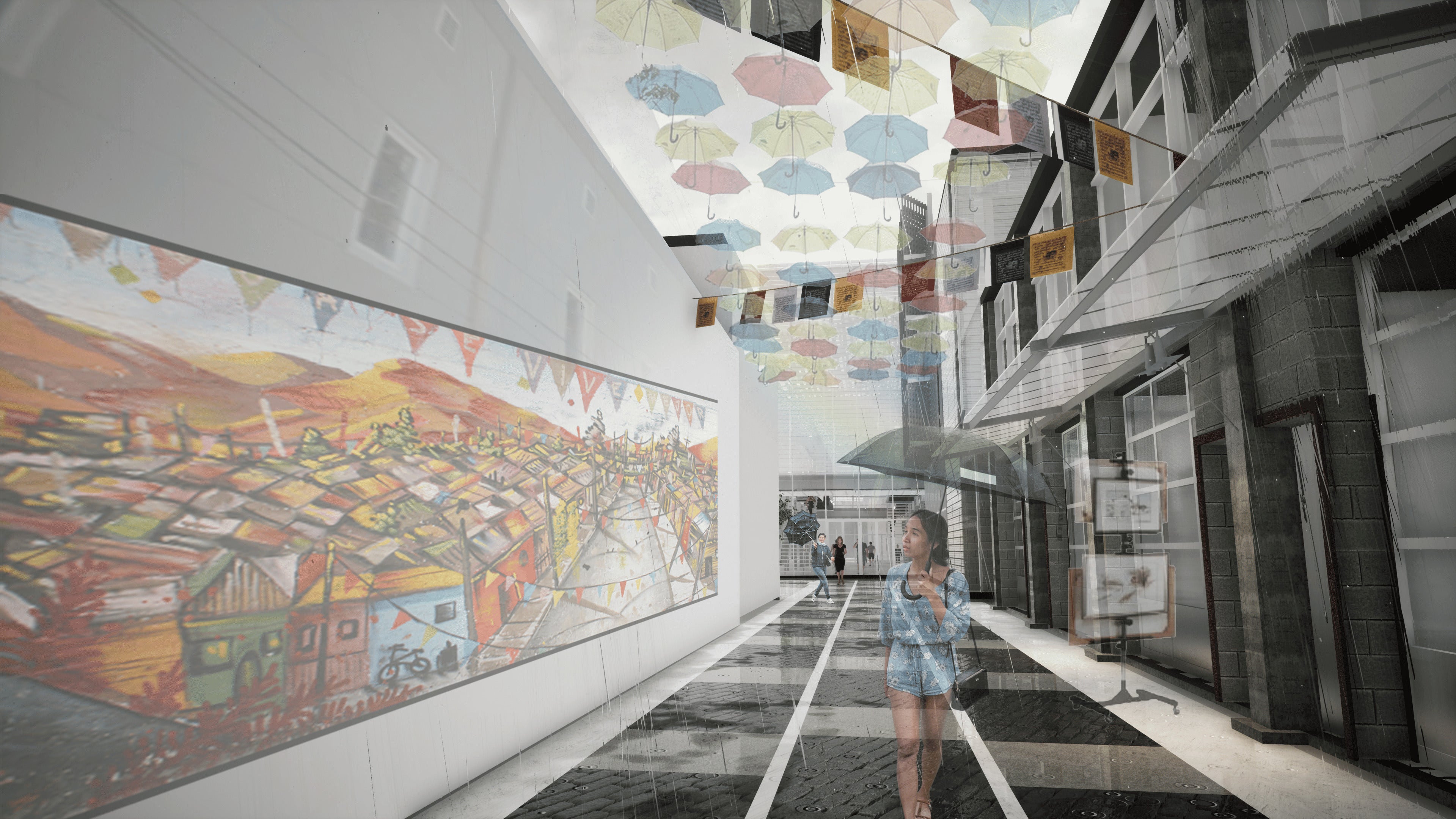 Museum hallway with large artworks on the walls and a person walking.