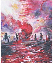 Abstract painting with vibrant red, black, white, and pruple colors and silhouettes of people.
