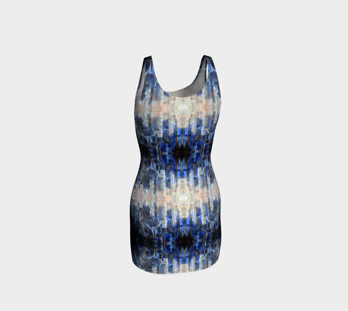 Tie-dye dress with blue and white pattern on a light gray background