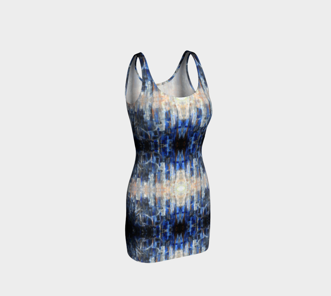 Tie-dye dress with blue and white pattern on a light gray background