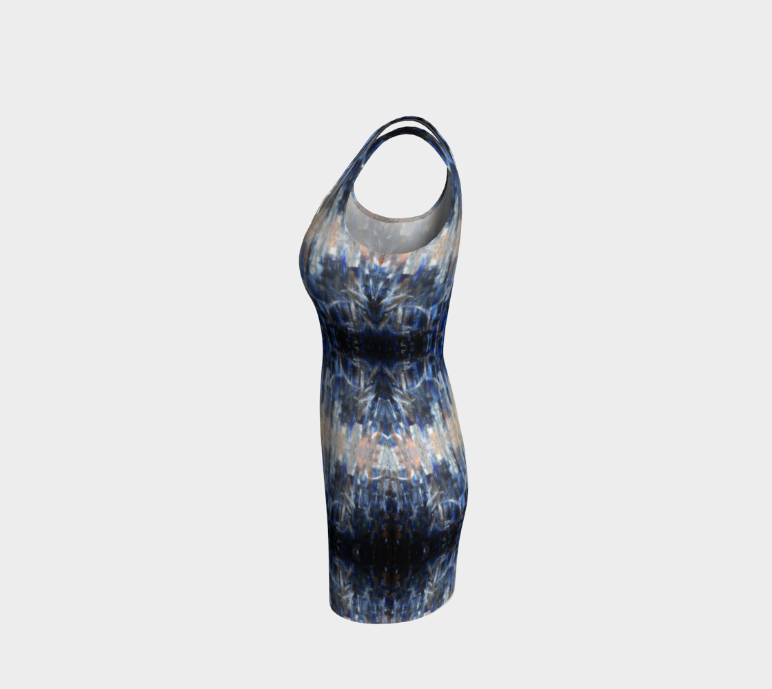 Tie-dye dress with blue and gray pattern on a light gray background