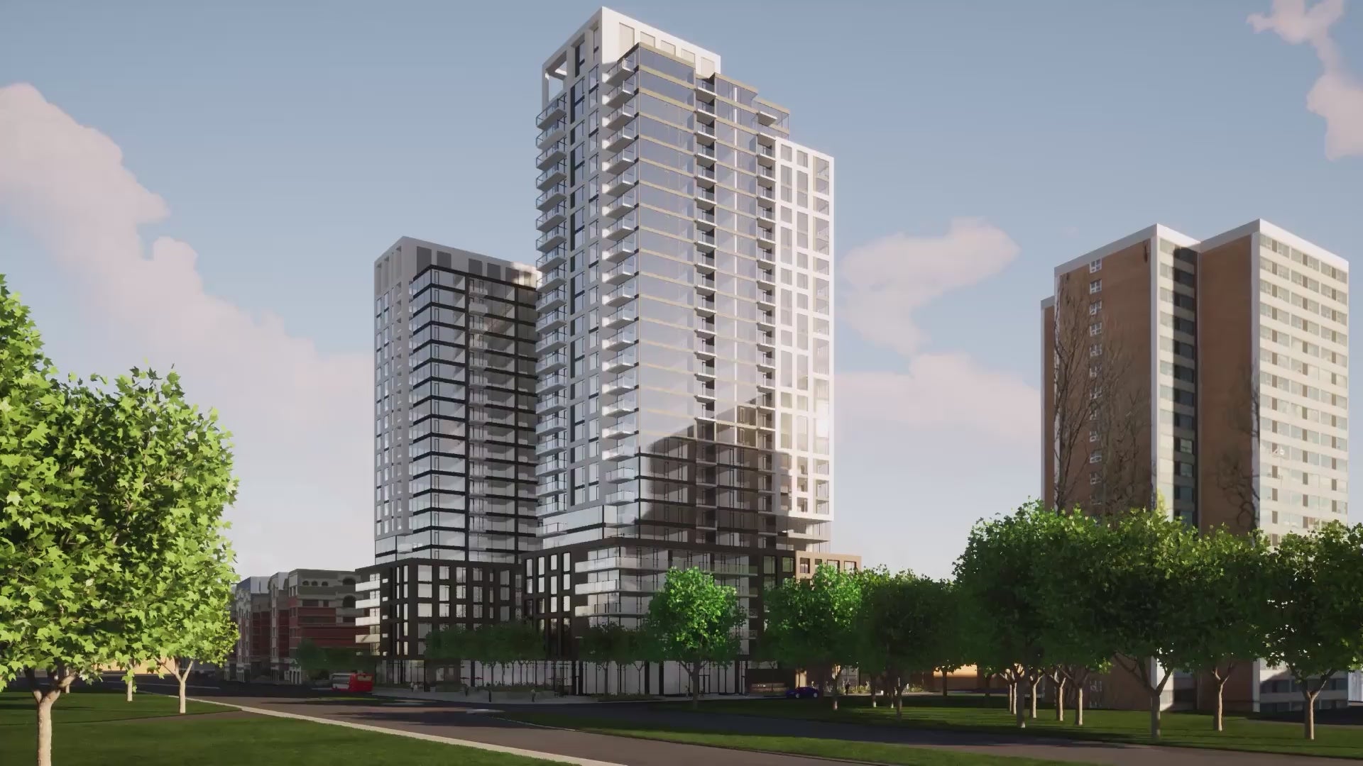 A collection of architectural 3D visualizations showing various modern residential complexes, including high-rise apartments, townhomes, and a resort-style pool area with palm trees. The scenes transition between exterior views, landscaped courtyards with walking paths, and community spaces, all presented in a clean, professional animation style.